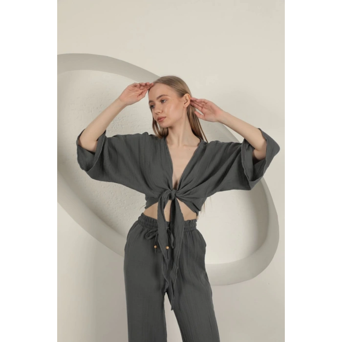 Müslin Kumaş Kimono-Antrasit