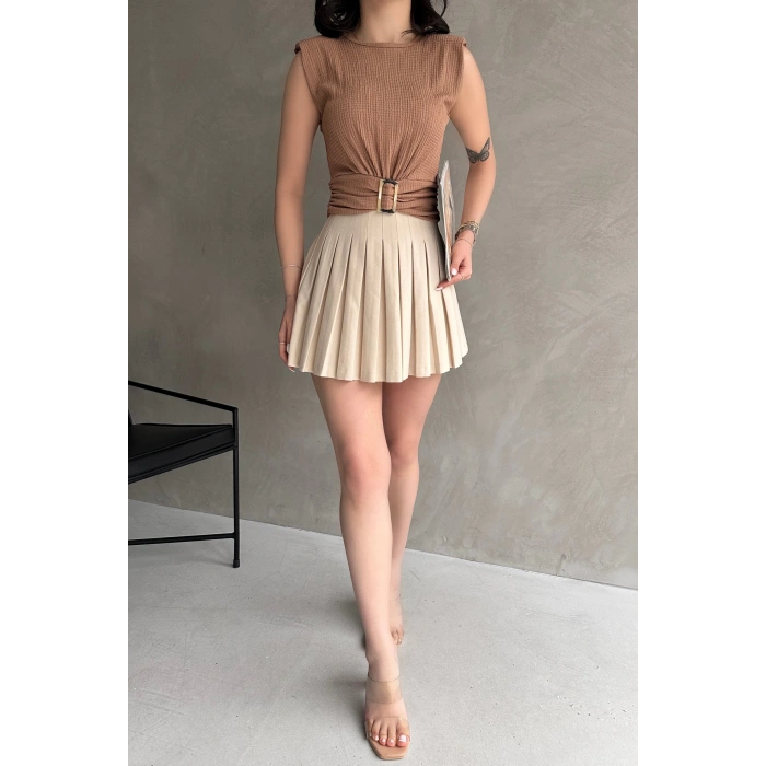 Omuzu Vatkalı Beli Kemerli Bürümcük Bluz