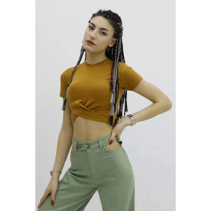 Önü Büzgülü Bisiklet Yaka Tshirt Taba - P-019963