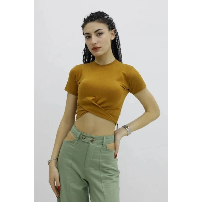 Önü Büzgülü Bisiklet Yaka Tshirt Taba - P-019963