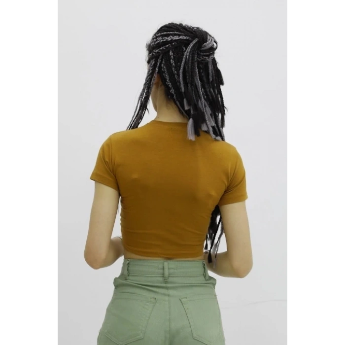 Önü Büzgülü Bisiklet Yaka Tshirt Taba - P-019963