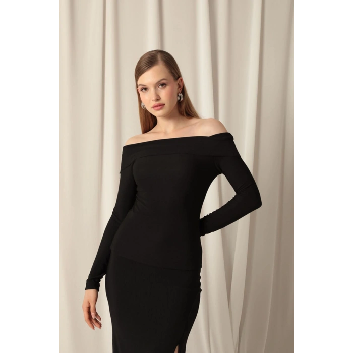 Ottoman Kumaş Madonna Yaka Kadın Siyah Bluz