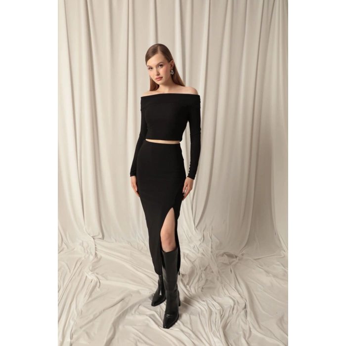 Ottoman Kumaş Yırtmaçlı Kadın Siyah Etek