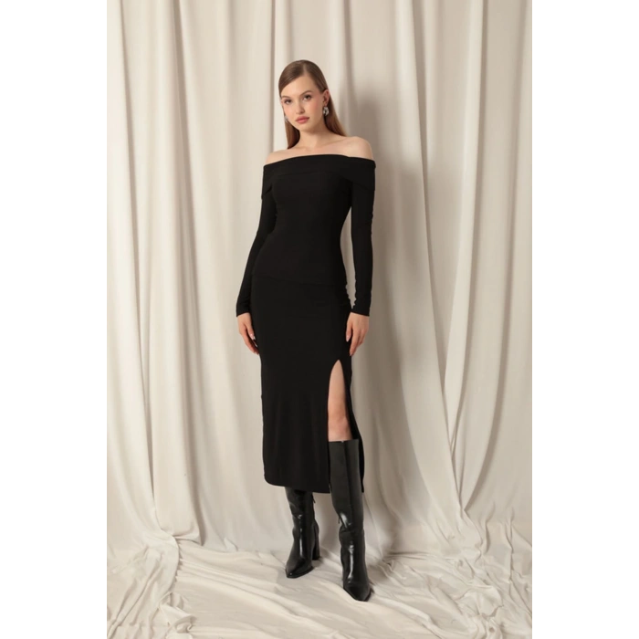 Ottoman Kumaş Yırtmaçlı Kadın Siyah Etek