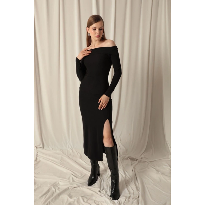 Ottoman Kumaş Yırtmaçlı Kadın Siyah Etek