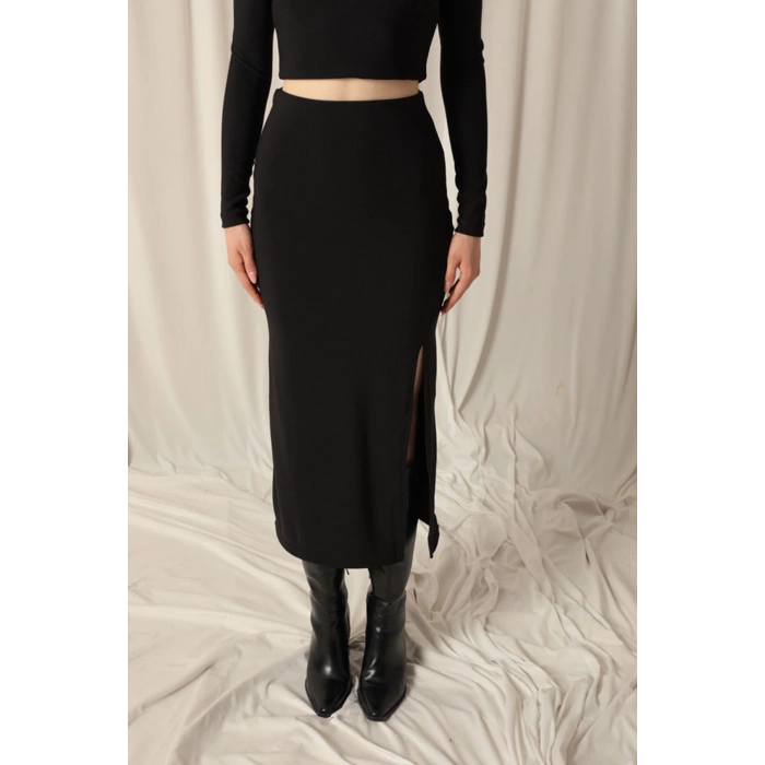 Ottoman Kumaş Yırtmaçlı Kadın Siyah Etek