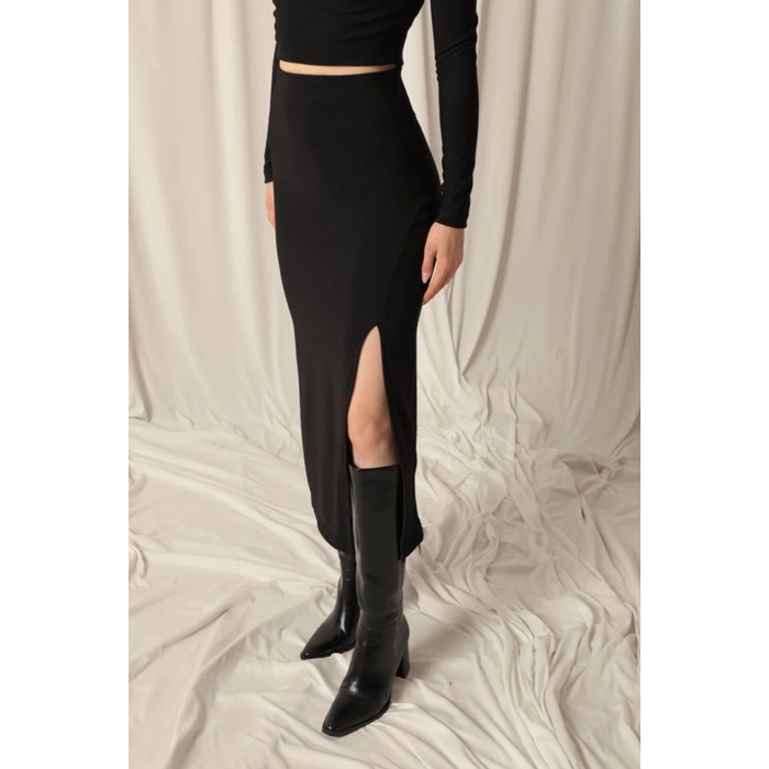 Ottoman Kumaş Yırtmaçlı Kadın Siyah Etek