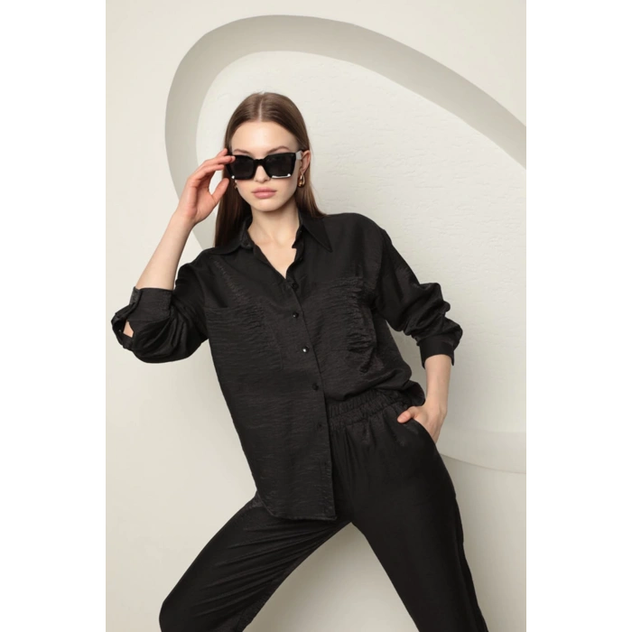 Parlak Kumaş Kadın Takım-Siyah