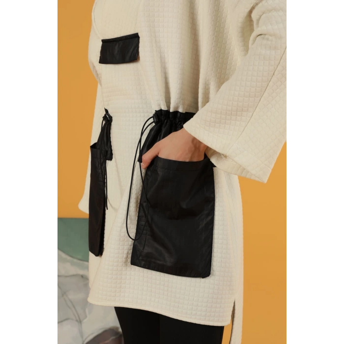 Petek Kumaş Garnili Oversize Kadın Sweat-Ekru