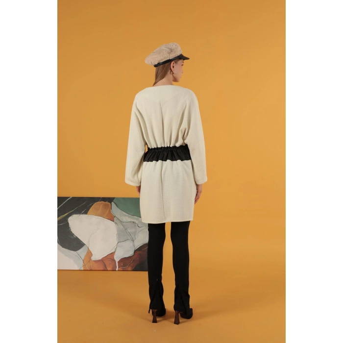 Petek Kumaş Garnili Oversize Kadın Sweat-Ekru