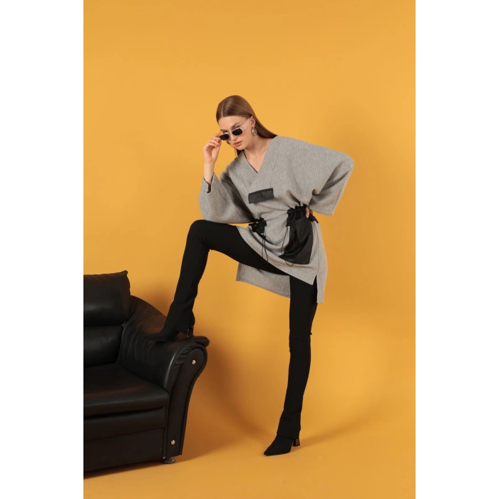 Petek Kumaş Garnili Oversize Kadın Sweat-Gri