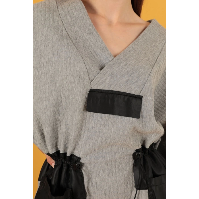 Petek Kumaş Garnili Oversize Kadın Sweat-Gri