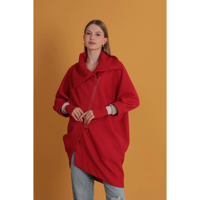 Petek Kumaş Kolu Ribana Detaylı Kadın Hırka-Kırmızı