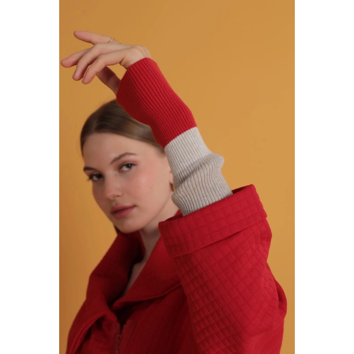 Petek Kumaş Kolu Ribana Detaylı Kadın Hırka-Kırmızı