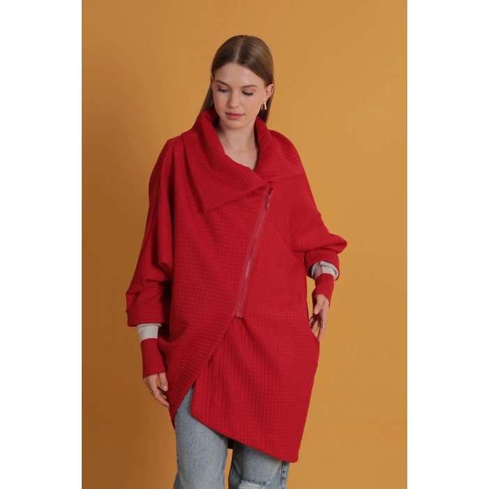 Petek Kumaş Kolu Ribana Detaylı Kadın Hırka-Kırmızı