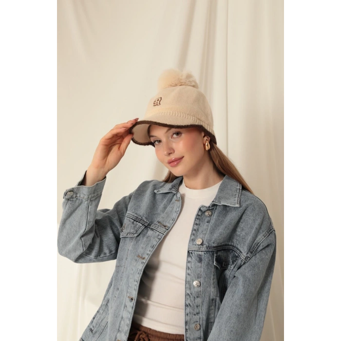 Ponponlu Nakışlı Kadın Bej Kep