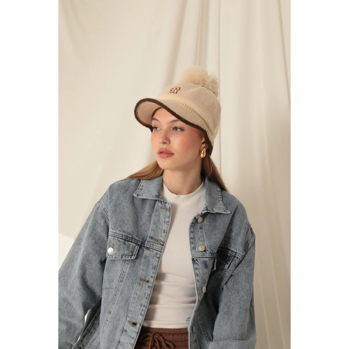 Ponponlu Nakışlı Kadın Bej Kep