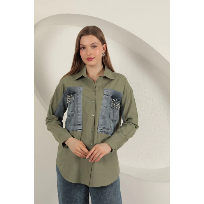 Poplin Kumaş Kot Garnili Haki Kadın Gömlek