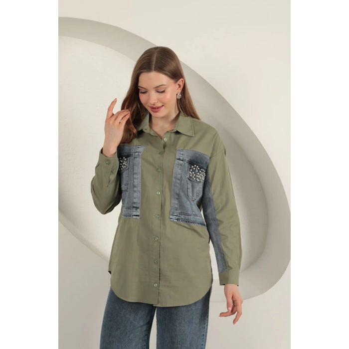 Poplin Kumaş Kot Garnili Haki Kadın Gömlek