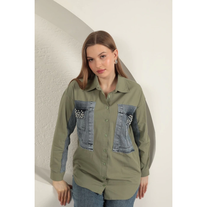 Poplin Kumaş Kot Garnili Haki Kadın Gömlek