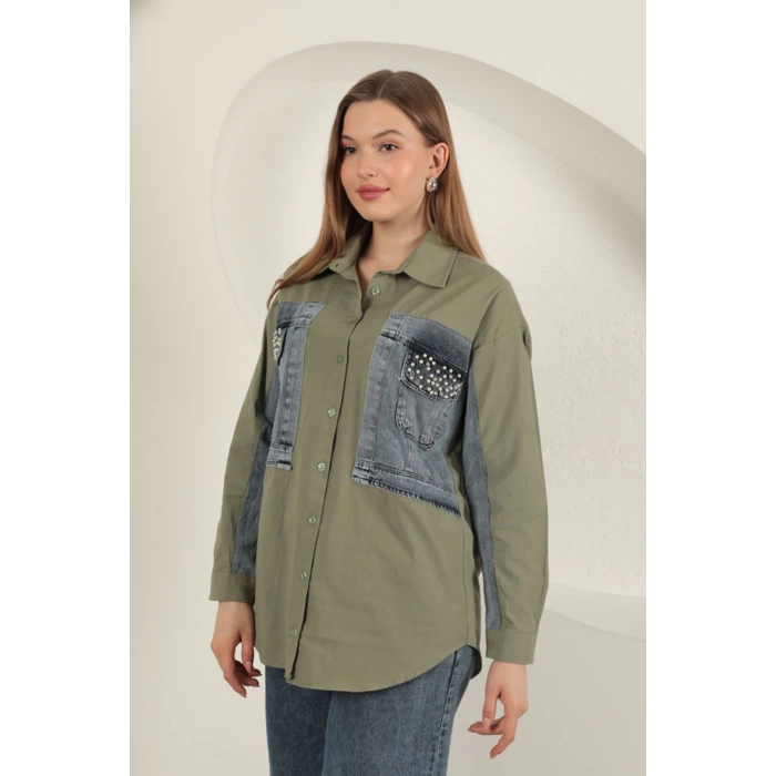 Poplin Kumaş Kot Garnili Haki Kadın Gömlek