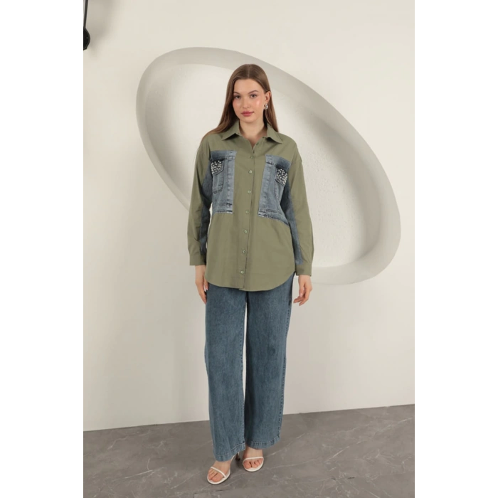 Poplin Kumaş Kot Garnili Haki Kadın Gömlek