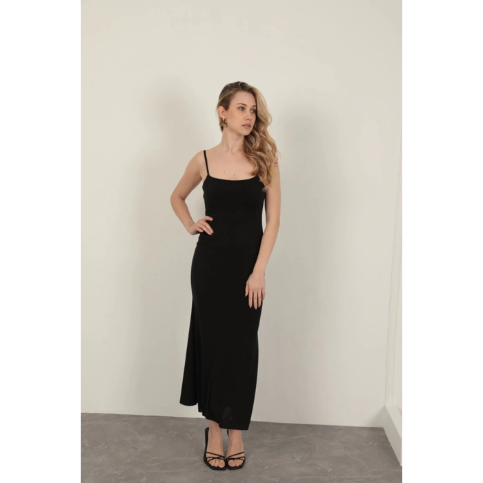 Sandy Kumaş İp Askılı Basic Elbise-Siyah