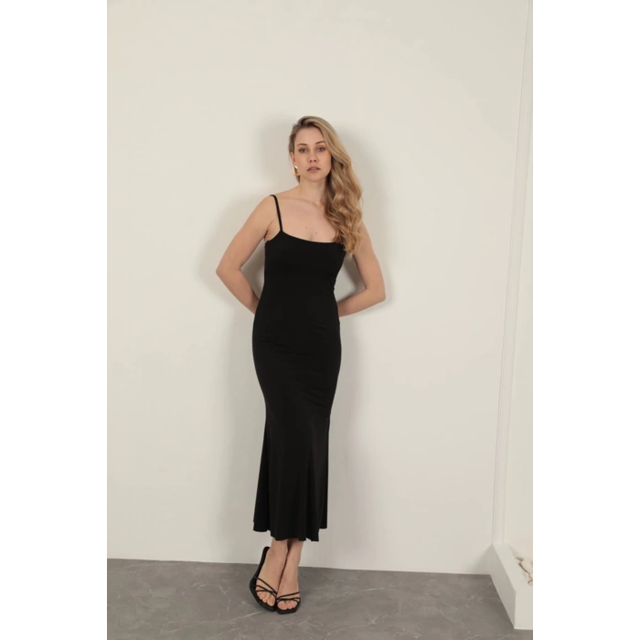 Sandy Kumaş İp Askılı Basic Elbise-Siyah