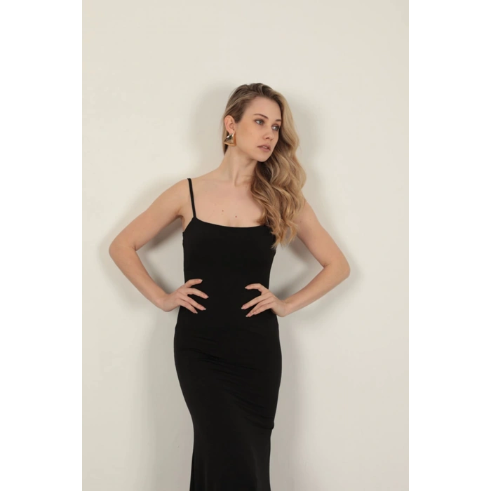 Sandy Kumaş İp Askılı Basic Elbise-Siyah