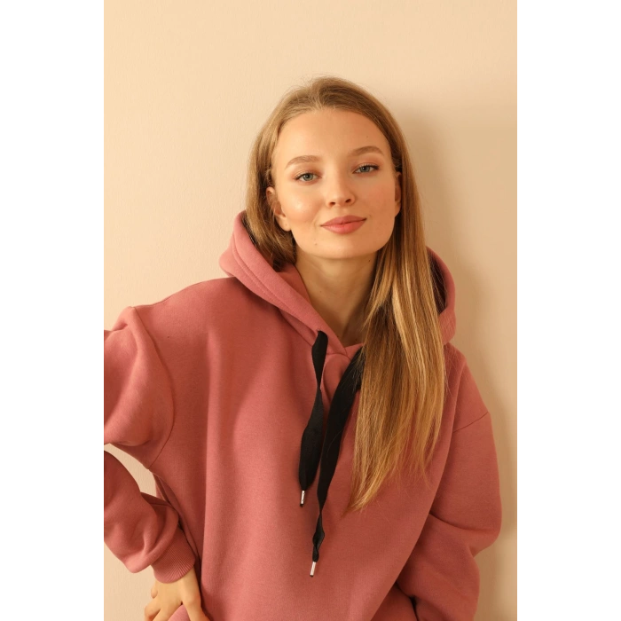 Şardonlu 3 İplik Kumaş Kapüşonlu Kadın Elbise-Gül Kurusu