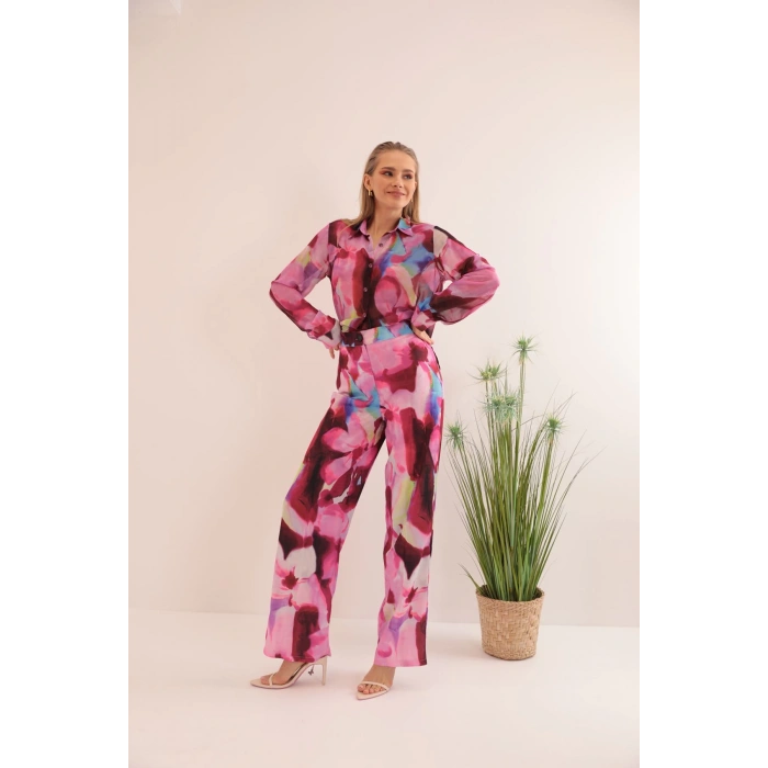 Saten Kumaş Sulu Boya Efektli Çiçek Desen Kadın Pantolon-Fuşya