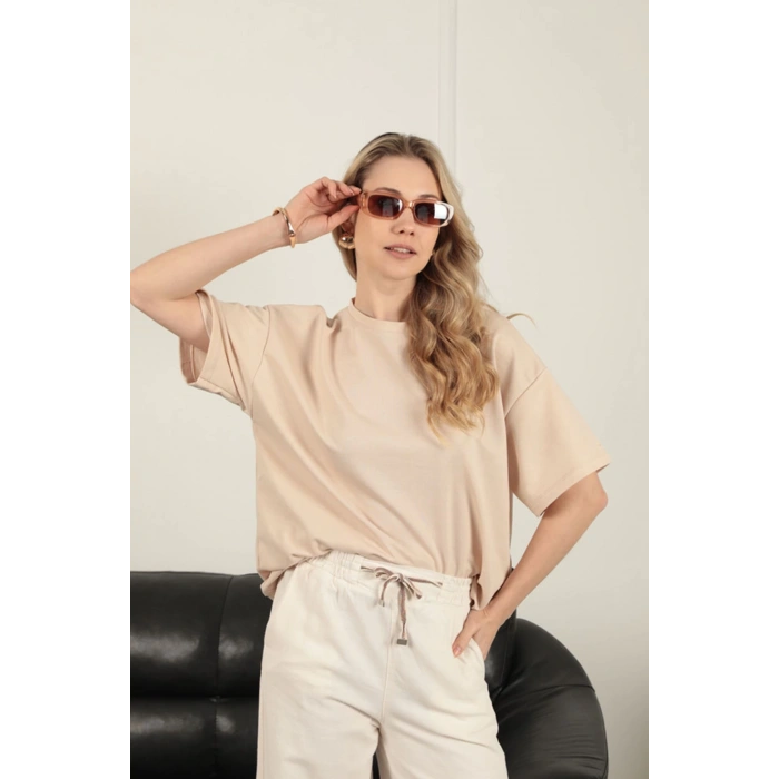 Sıfır Yaka Oversize İki İplik Tişört-Bej