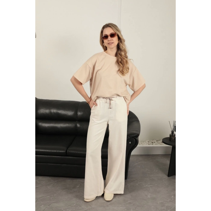 Sıfır Yaka Oversize İki İplik Tişört-Bej