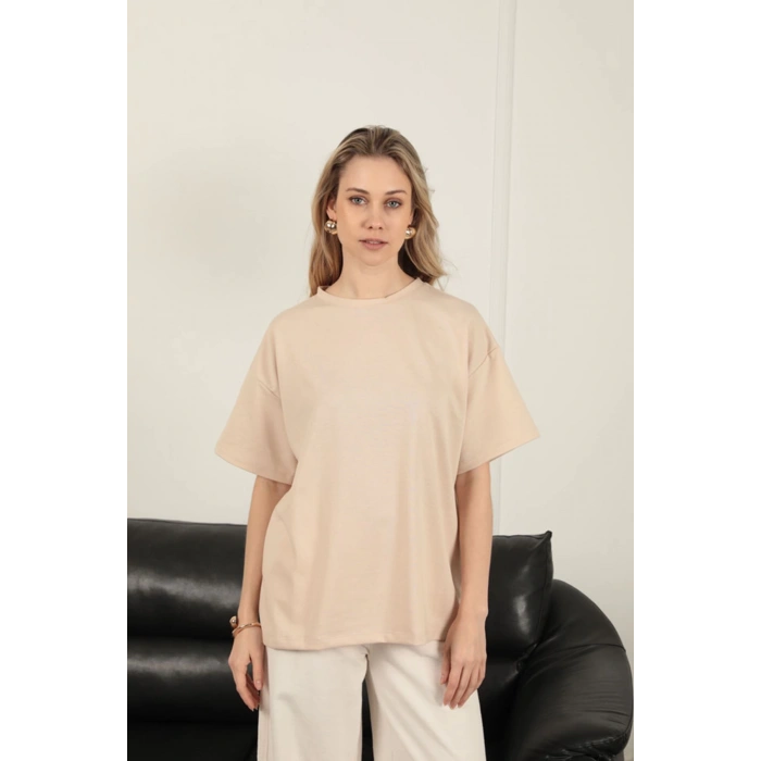 Sıfır Yaka Oversize İki İplik Tişört-Bej