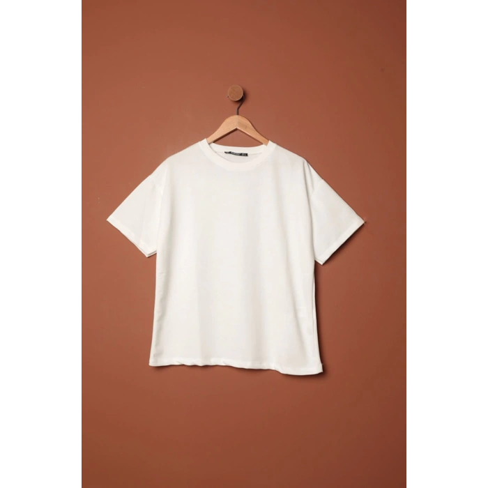 Sıfır Yaka Oversize İki İplik Tişört-Ekru