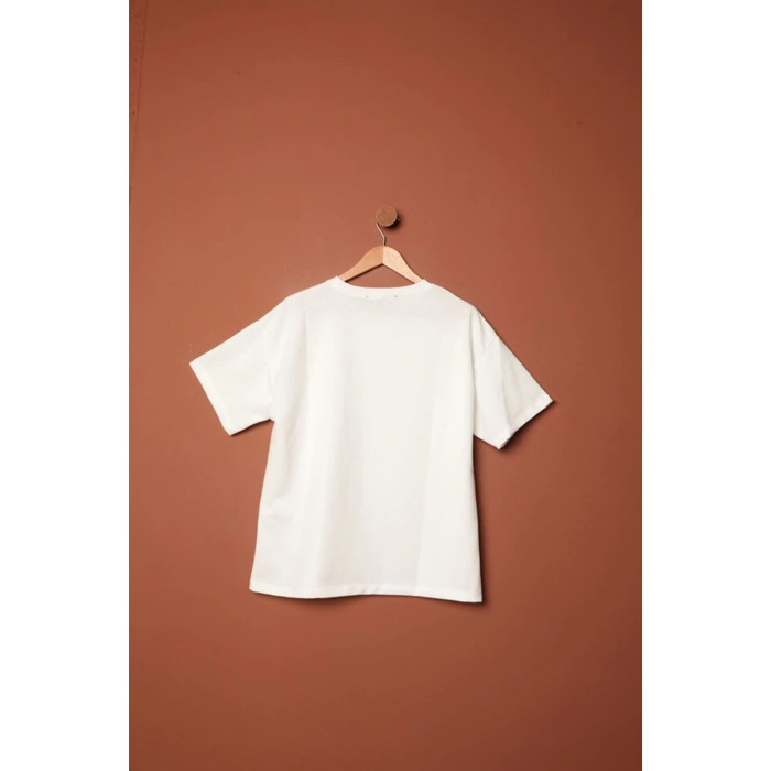 Sıfır Yaka Oversize İki İplik Tişört-Ekru