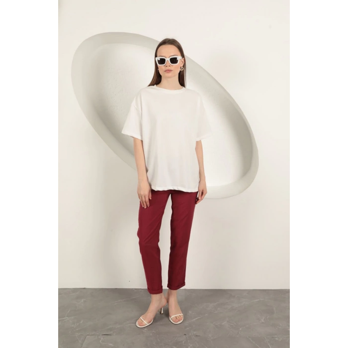 Sıfır Yaka Oversize İki İplik Tişört-Ekru