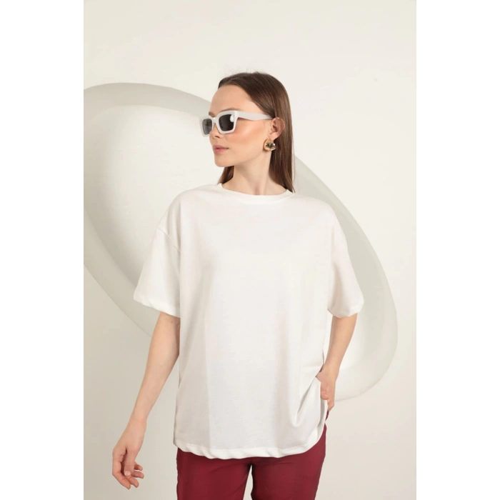 Sıfır Yaka Oversize İki İplik Tişört-Ekru