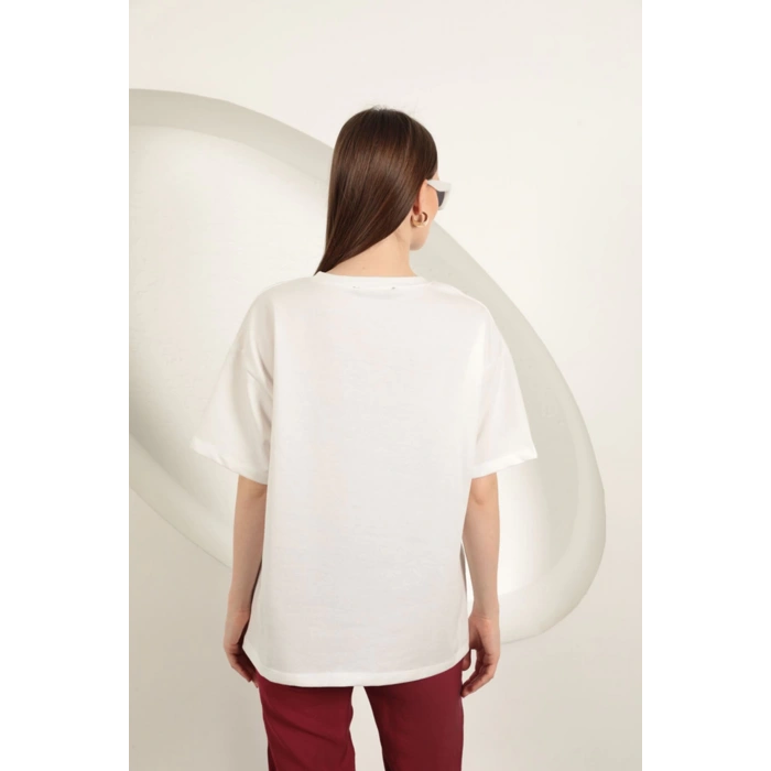 Sıfır Yaka Oversize İki İplik Tişört-Ekru