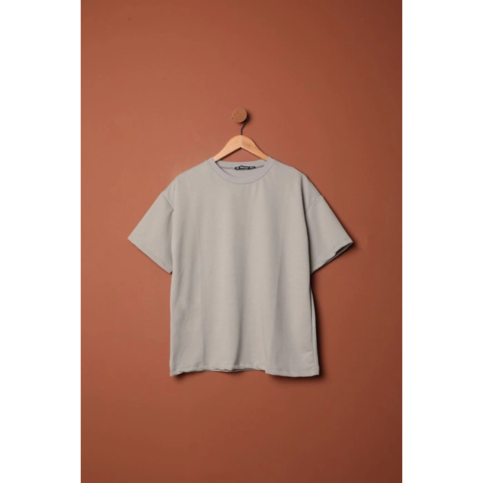 Sıfır Yaka Oversize İki İplik Tişört-Gri