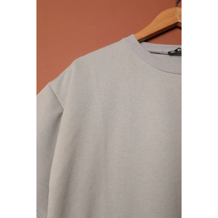 Sıfır Yaka Oversize İki İplik Tişört-Gri