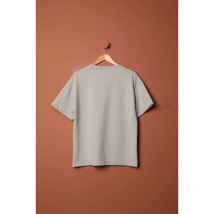 Sıfır Yaka Oversize İki İplik Tişört-Gri