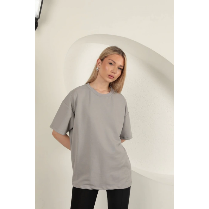 Sıfır Yaka Oversize İki İplik Tişört-Gri