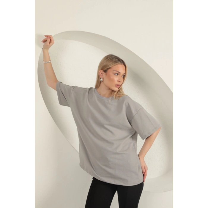 Sıfır Yaka Oversize İki İplik Tişört-Gri