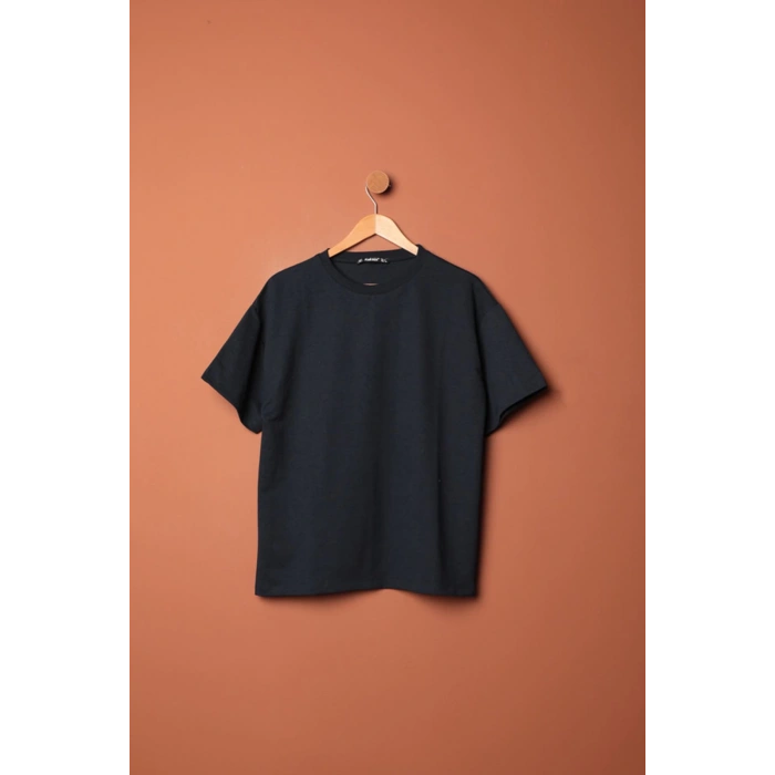 Sıfır Yaka Oversize İki İplik Tişört-Lacivert