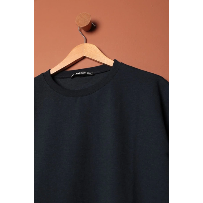 Sıfır Yaka Oversize İki İplik Tişört-Lacivert