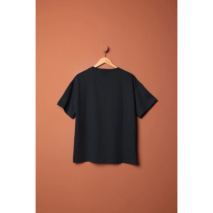 Sıfır Yaka Oversize İki İplik Tişört-Lacivert