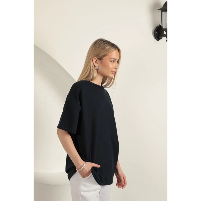 Sıfır Yaka Oversize İki İplik Tişört-Lacivert