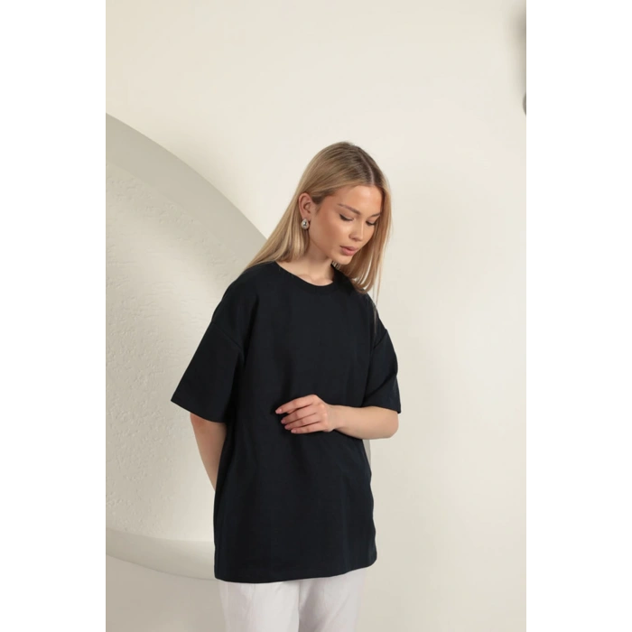 Sıfır Yaka Oversize İki İplik Tişört-Lacivert