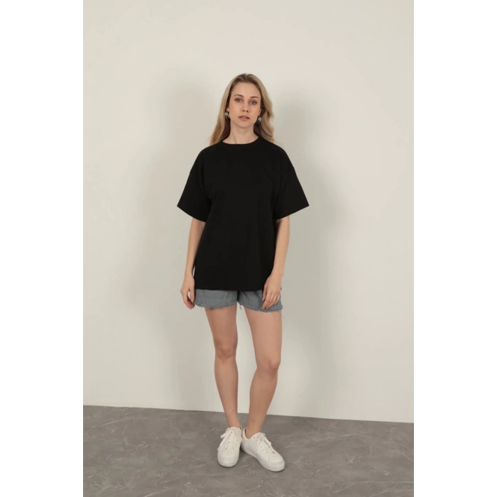 Sıfır Yaka Oversize İki İplik Tişört-Siyah